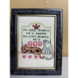 Framed Funny Cat Dog Cross Stitch Quote Pet Decor Handmade